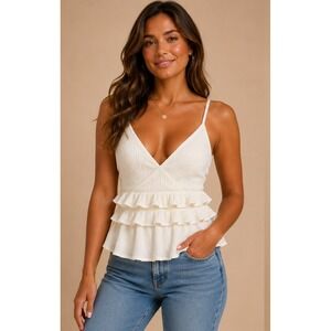 Steps New York White Tiered Ruffle Peplum Top Cutout Back Spaghetti Strap M